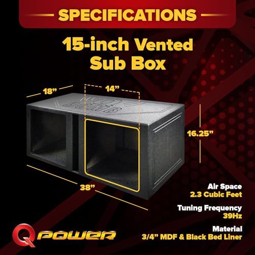 QPower QBOMB15VSQ QBOMB 15 Inch Center Vented Dual Ported Subwoofer Enclosure Speaker Box for Car Audio Sound Systems, Square
