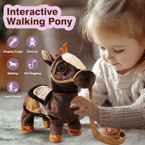 Marsjoy Walking Pony Toy Musical Singing Dancing Plush Interactive Pony Walk Along Horse with Leash Plush Stuffed Animal Shaking Head Buttocks Toy