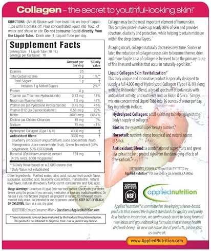 Applied Nutrition Liquid Collagen Skin Revitalization - 10 Liquid Tubes - Collagen, Biotin & Silica - Tropical Strawberry & Kiwi Flavor - 10 Servings