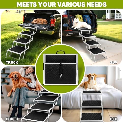 Dog Stairs for Car, Extra Wide Dog Stairs for Large Dogs, Foldable Dog Ramp for Car, Pet Steps Light Weight Aluminum, High Beds, for SUV Trucks