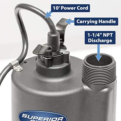 Superior Pump 91570 3300GPH Thermoplastic Submersible Utility Pump with 10-Foot Cord, 1/2 HP