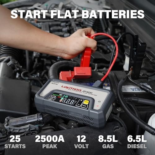 LOKITHOR JP400 Jump Starter with Air Compressor for 8.5L Gas/6.5L Diesel | 2500A 12V Portable Jumper Starter for Car, 150PSI Tire Inflator, 300 Lumen LED Light, Power Bank, ConnectMax, Jumper Cables