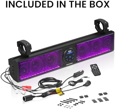 BOSS Audio Systems BRT26RGB IPX5 Weatherproof Bluetooth ATV Sound Bar - 26 Inches Wide, 4 inch Speakers, Tweeters, Amplified, Multicolor Illumination