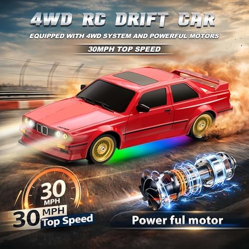 RC Drift Car 2.4GHz 1:16 Scale 4WD 30KM/H High Speed Remote Control Cars Vehicle with LED Lights Drifting Tires Racing Sport Toy Cars for Adults Boys Girls Kids Gift