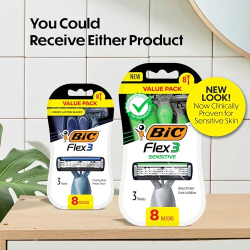 BIC Flex 3 Men's Disposable Razors, 3-Blade, Smooth Shave, 8-Pack | Pivoting Head for Easy Control | Lubricating Aloe Strip for Comfort | Ergonomic Handle for Better Grip