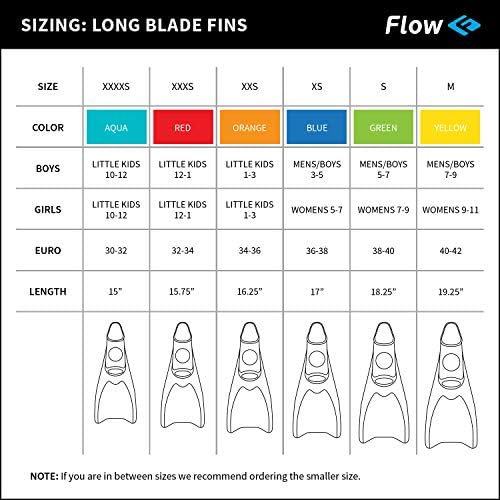 Flow Premium Rubber Long Fins for Swim and Lap Training - Youth Sizes for Kids, Young Men, and Women