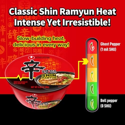 Nongshim Shin Ramyun Bowl Noodles, Spicy Korean Signature Instant Ramyun, Rich Beef Flavored Broth, Quick and Easy, Microwaveable Bowl, 3.03 oz (Pack of 12)