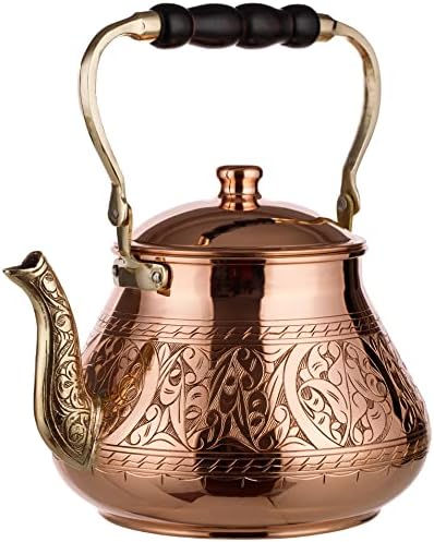 DEMMEX Large Copper Teapot, 1mm Thick, Engraved, Handcrafted in Turkey, 3.1 Quarts (2.9L)