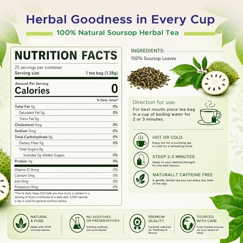 Jans Soursop Tea Bags 25 Count | 100% Natural Soursop Leaves | Caffeine Free Sour Sop Tea | Vegan Herbal Tea | Individually Wrapped Tea Bags | Cholesterol Free Sugar Free Relaxation Beverage