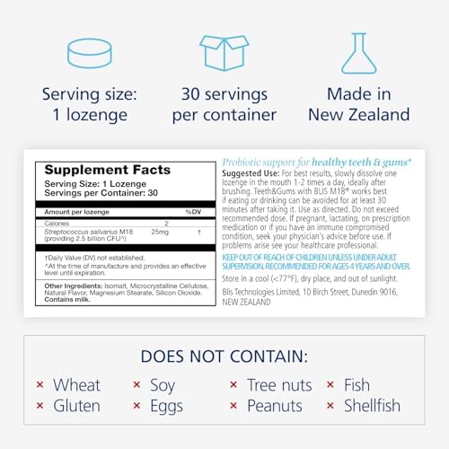 BLIS Teeth & Gums Oral Probiotics M18 Dental Support 30 Peppermint Lozenges | BLIS M18 2.5 Billion CFU, Dental Probiotics, Convenient daily use, Safe