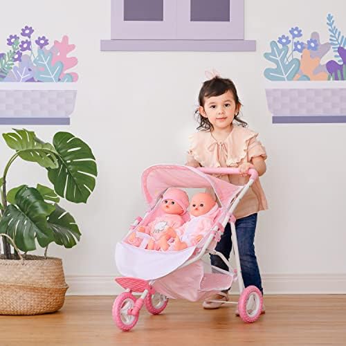 Olivia's Little World Doll Jogging-Style Stroller with Canopy, Storage Underneath, Pink and Cream and Gray | Canopy, Storage Underneath
