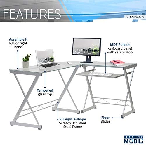 Techni Mobili L Shaped Desk with Keyboard Tray & Tempered Glass Desktop | Home Office, Corner Desk, Work From Home, Professional