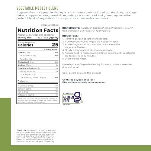 Augason Farms Vegetable Medley Blend Can | 131 Servings, Dehydrated Mixed Veggies, Gluten Free Emergency Food Supply with Long Shelf Life for Survival