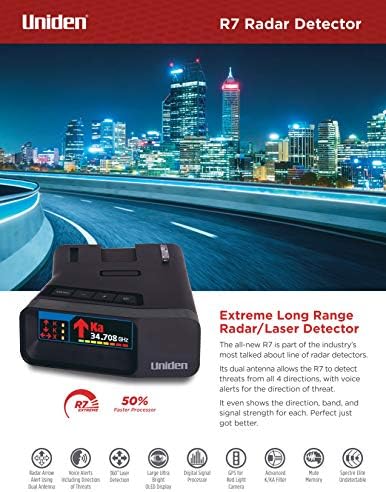 Uniden R7 Extreme Long-Range Laser-Radar Detector, Built-in GPS w/ Real-Time Alerts, Dual-Antennas Front & Rear w/Directional Arrows, Voice Alerts