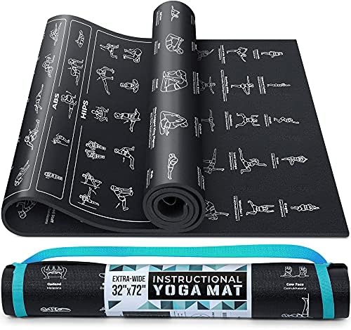 Instructional Yoga Mat with Carrying Strap: Cute Yoga Mat with 75 Illustrated Yoga Poses + 75 Easily-Followed Stretching Exercises - 1/4” Thick