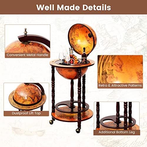 FANTASK 17” Globe Wine Bar Stand Cart, 16th Century Italian Replica Storage Shelf w/Wheels & Bottom Shelf