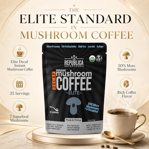 La Republica DECAF Organic Mushroom Coffee (35 Servings) with 7 Superfood Shrooms, Great Tasting Instant Mix Includes Lion's Mane, Reishi, Chaga, Cordyceps, Shiitake, Maitake, and Turkey Tail (Decaffeinated)