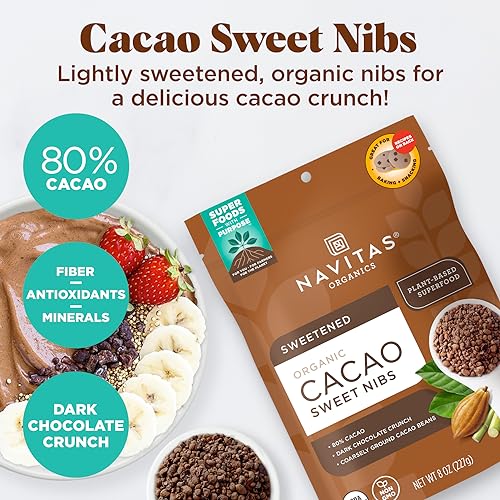 Navitas Organics Cacao Nibs – Unsweetened Dark Chocolate Crunch – Antioxidants, Minerals, Fiber – For Trail Mix, Baking & More – USDA Organic, Fairtrade, Non GMO, Gluten Free, Non-alkalized (8oz. Bag 76 Servings)