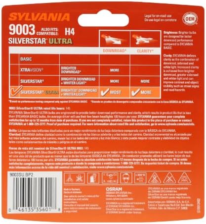 SYLVANIA - 9003 SilverStar Ultra - High Performance Halogen Headlight Bulb, High Beam, Low Beam and Fog Replacement Bulb