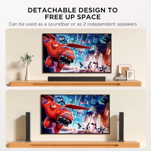 2.0 ch 100W Sound Bar for Smart TV, 2-in-1 Detachable Bluetooth 5.3 Speaker with 3 EQ Modes & Adjustable Bass - Home Theater Audio for Movies, Gaming