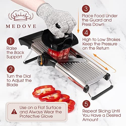 Stainless Steel Mandoline Slicer for Kitchen – 6-Setting Adjustable, 16.5 x 5 In. Platform, Hand Guard, Cut-Resistant Gloves – Vegetable Chopper