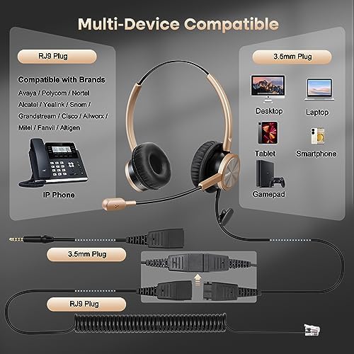 MAIRDI Phone Headset with RJ9 & 3.5mm Jacks for Call Center Deskphone Cell Phone PC Laptop