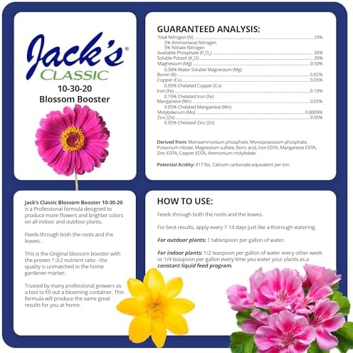 Jack's Classic 10-30-20 Blossom Booster Water-Soluble Fertilizer, 4lb | Powdered Plant Food, Targeted Micronutrient Package, Increases Bloom Color & Quantity, Liquid Root & Foliar Feeding