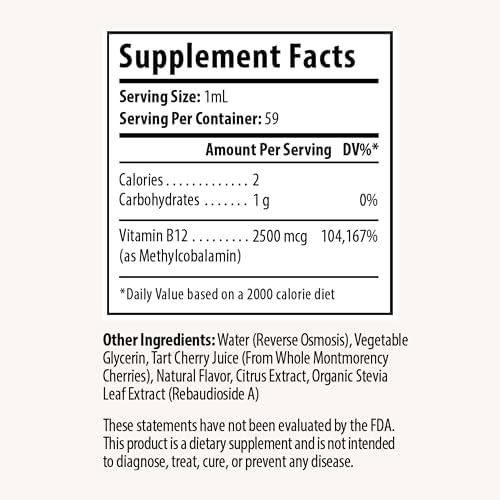 Drop Vitamin B12 Liquid Drops, 2500 mcg Methylated B12 (Methylcobalamin), Sublingual Drops for Energy and Nervous System Support, Natural Cherry