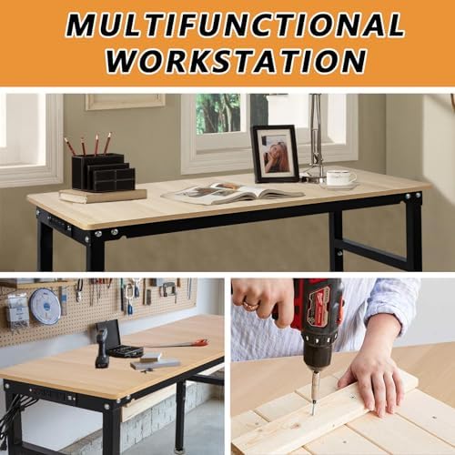 48'' Adjustable Workbench with Power Outlet, Work Table for Garage, 2000 Lbs Capacity Hardwood Workbench