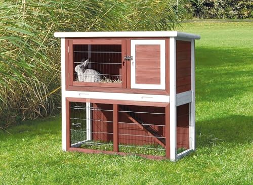 TRIXIE natura Outdoor Rabbit Hutch with Run - 2-Story Rabbit Cage with Non-Slip Ramp - Medium Elevated Small Animal House with Secure Playpen, Hinged Roof & Pull-Out Tray - in Brown
