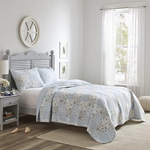 Laura Ashley - Queen Quilt Set, Cotton Reversible Bedding with Matching Shams, Bedroom Decor Ideal for All Seasons (Kenna Blue, Queen)