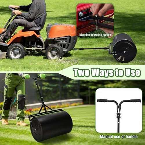 24 Inch Compost Spreader & Lawn Roller, Featuring One Mesh Roller and One 23 Gallon Hollow Roller, Push & Tow Design