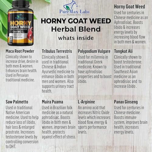 YUMMYVITE Horny Goat Weed Extra Strength Blend, w. Maca, Arginine, Ginseng, Tribulus, Tongkat, Libido, Stamina, Energy Support, Non-GMO Formula
