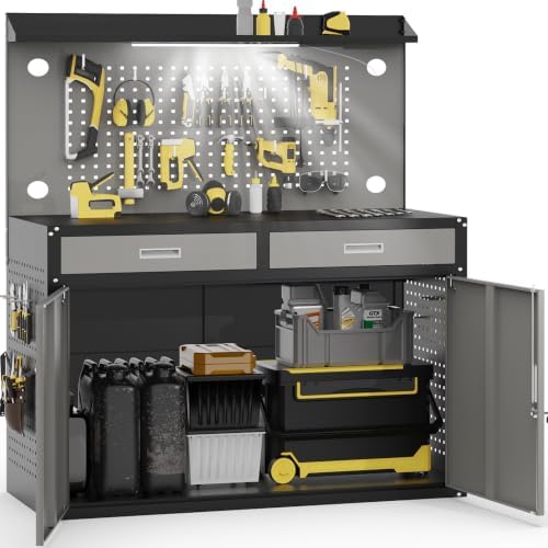 48" Heavy Duty Workbench with Drawers and Lockable Storage Cabinet- 2500 LBS Capacity Work Bench with Pegboard
