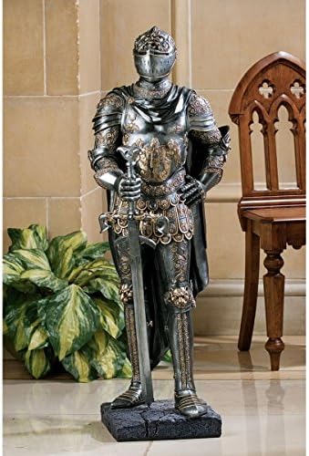 Design Toscano King's Guard Medieval Decor Half Scale Knight Armor Gothic Statue, 39 Inch Tall, Cast Stone Resin, Metallic Finish with Faux Stone Base