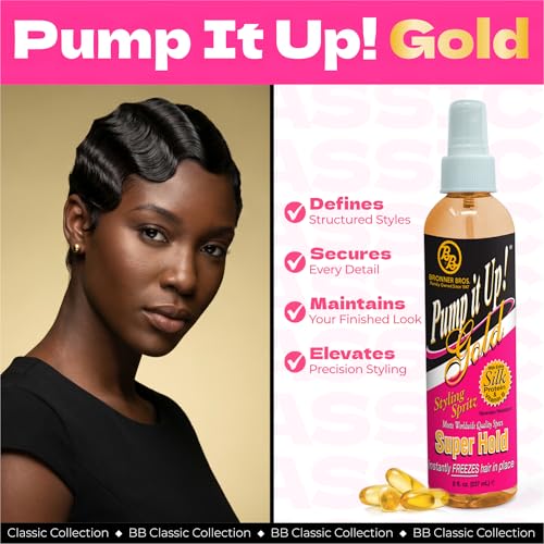 Bronner Bros Pump It Up Gold Styling Spritz, Super Hold Hairspray, 8oz | For Styling & Finishing, Fast-Drying Hair Spray