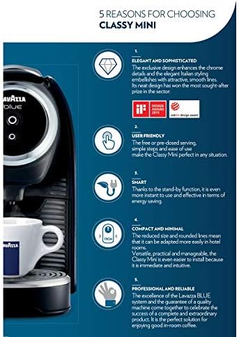 Lavazza BLUE Classy Mini Single Serve Espresso Coffee Machine LB 300, 5.3" x 13" x 10.2" 2 Coffee selections: simple touch controls