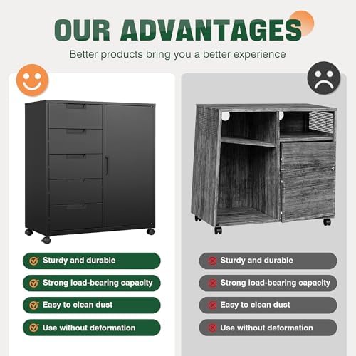 5 Drawer Storage Cabinet, Mobile Printer Stand for Home Office,Dresser Chest with Shelves and Door(White)