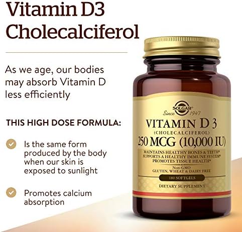 Solgar Vitamin D3 (Cholecalciferol) 250 MCG (10,000 IU), 120 Softgels - Helps Maintain Healthy Bones & Teeth - Immune System Support - Non GMO, Gluten/ Dairy Free - 120 Servings
