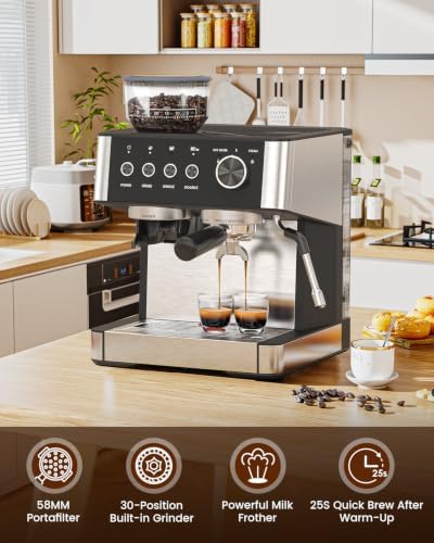 (2026 Upgrade) Espresso Machine with Grinder, 15 Bar Expresso Coffee Machines, Professional Coffee Maker for Latte&Cappuccino with Milk Frother, Expresso Machines for Home Descaling Kit Included White