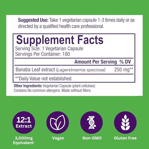 Paradise Herbs & Essentials Banaba Leaf Extract 250 mg, 180 Capsules | 12:1 concentrated formula, vegan, gluten free, non-GMO dietary supplement with a convenient daily serving format