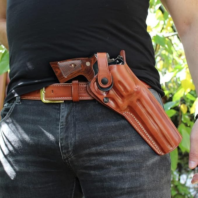 Masc OWB Leather Paddle Revolver Holster with Retention Strap, Fits Python .357 Magnum 6-inch, Right Hand Draw Brown Color #1306#