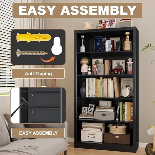 66 in Black Heavy Duty Metal Bookshelf, 5-Tier Adjustable Tall Bookcase, Industrial Floor Standing Storage Shelf 180 lbs Load Per Shelf for Living Room Home Office Bedroom Garage