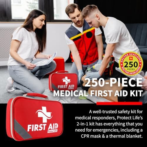 Protect Life Travel First Aid Kit for Car - Small Mini Emergency Kit, 100 Piece Waterproof First Aid Kit for Home, Camping, Boat & Hiking - Includes Emergency Blanket & First Aid Guide