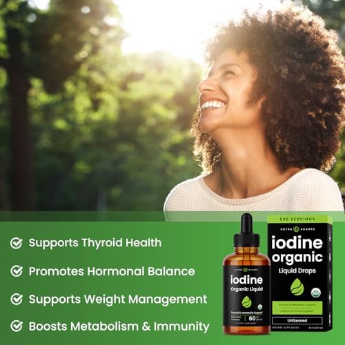 Organic Iodine Liquid Drops - 250 mcg Iodine Supplement for Women & Men - Potassium Iodide Solution 250 mcg - 590 Servings - Thyroid