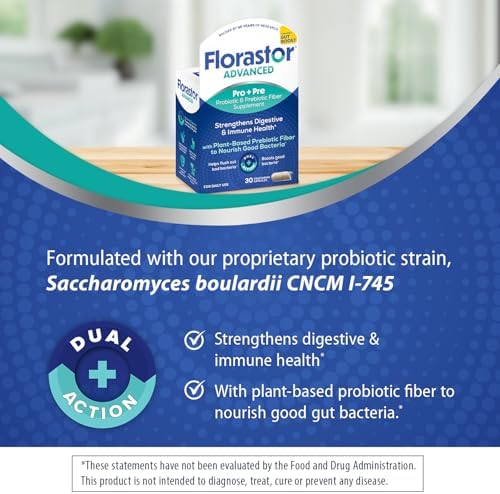 Florastor Advanced Pro+Pre Daily Probiotic and Prebiotic, 30 Capsules | Boosts Good Bacteria with Saccharomyces Boulardii CNCM I-745