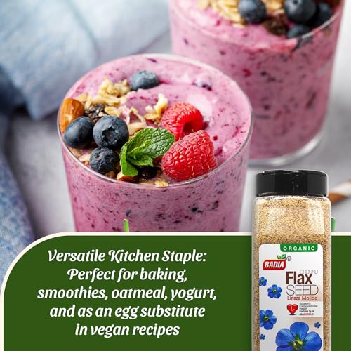 Badia Organic Ground Flax Seed, 16 oz – Fiber & Omega-3 Non-GMO Superfood | Organic ground flax seed with naturally occurring fiber and omega-3, ideal for smoothies, baking, oatmeal, yogurt, & recipes