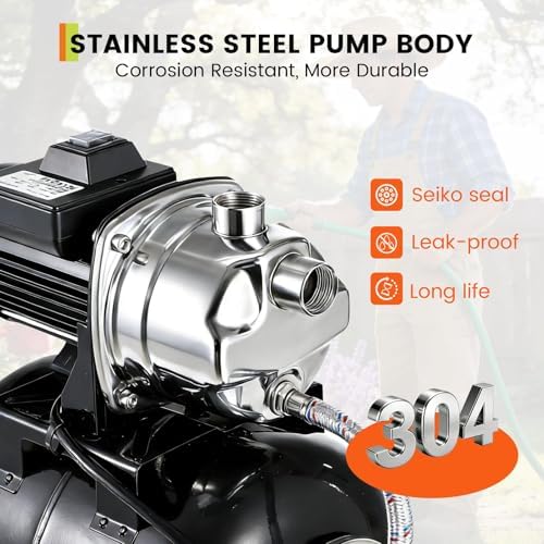 1HP Stainless Steel Water Transfer Pump with Well Pressure Tank – Shallow Well Pump & Irrigation Pump Combo, 130ft Max Lift, 20ft Suction Lift, Automatic Pressure Switch for Farm Use
