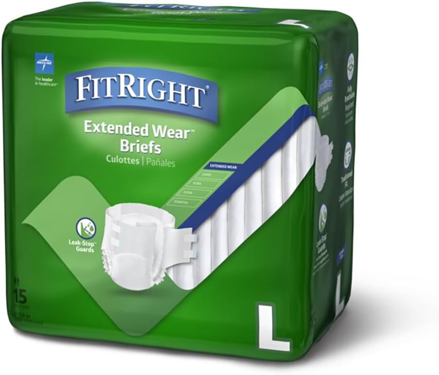 FitRight Adult Incontinence Briefs with Tabs, Extended Wear, Medium, 27" to 43", 15 Count