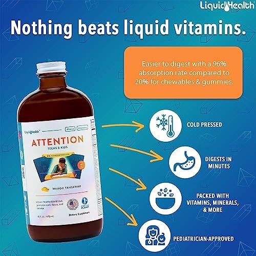 LIQUIDHEALTH Attention Liquid Multivitamin for Kids & Teens - Improves Memory Retention, Concentration, Focus, Mood, Relaxation & Calming - Made in the USA, Great Taste, Vegan, Sugar-Free (16 oz)